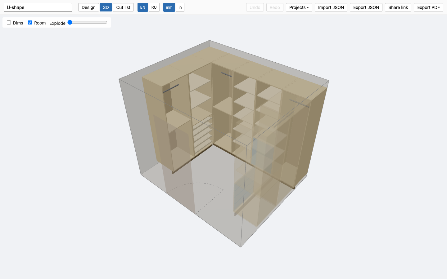 3D preview of a walk-in wardrobe