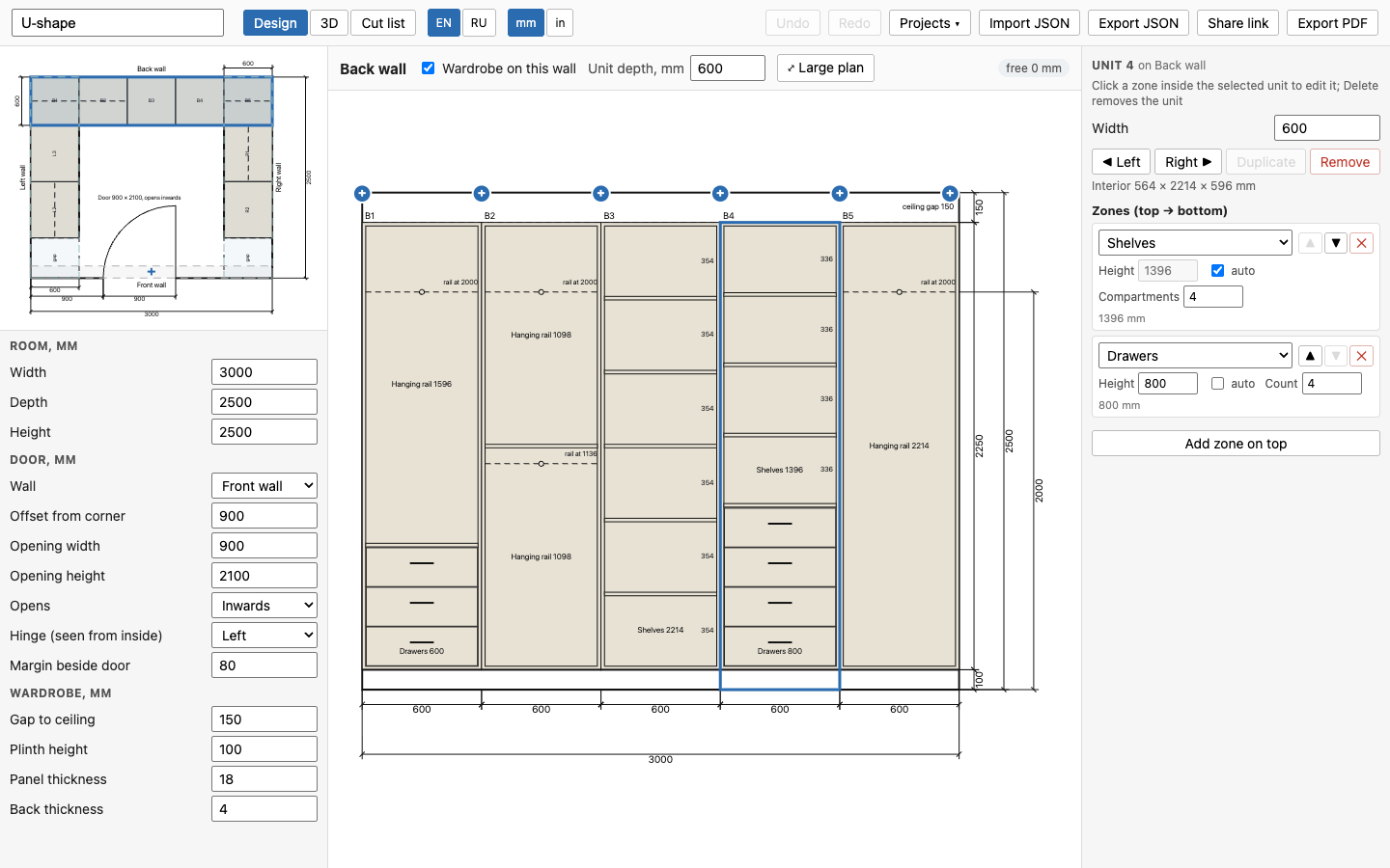 Walk-in Planner design tab: plan, wall elevation and inspector